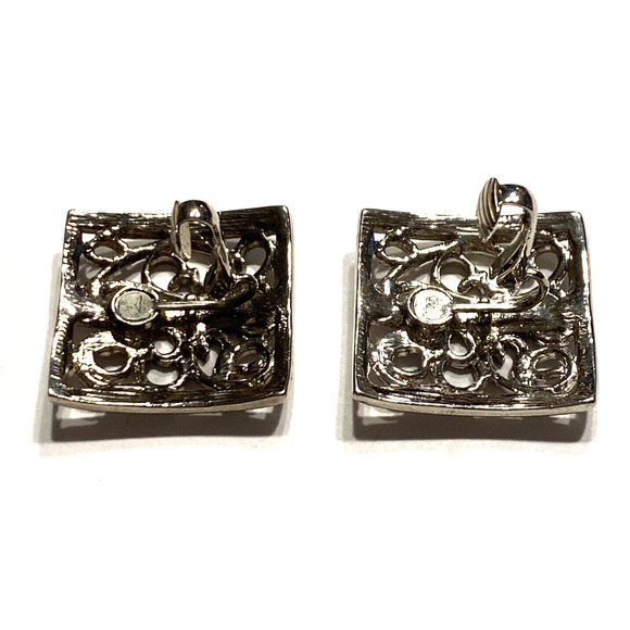 Vintage Clip On Earrings Silvertone Filigree Style Squares Mod 1980's Boss Lady - Picture 6 of 7